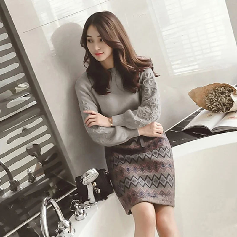 Новинка 2019 весна осень женский элегантный вязаный свитер с вышивкой + твид