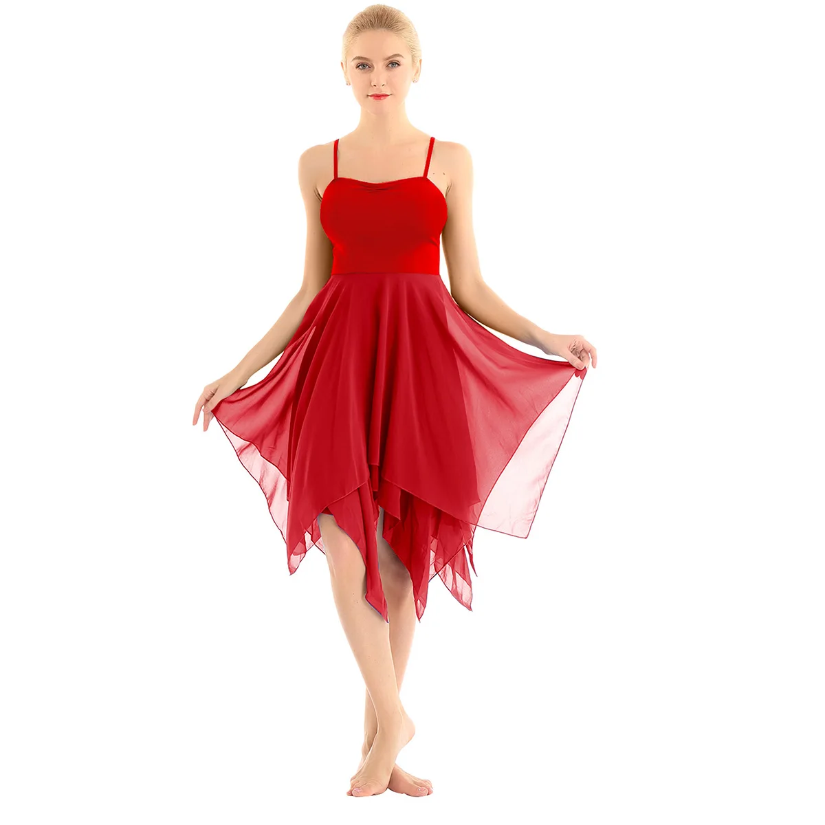 

TiaoBug Asymmetric Women Contemporary Lyrical Dance Costumes Adult Tutu Ballet Dress Modern Ballroom Chiffon Spaghetti Strap