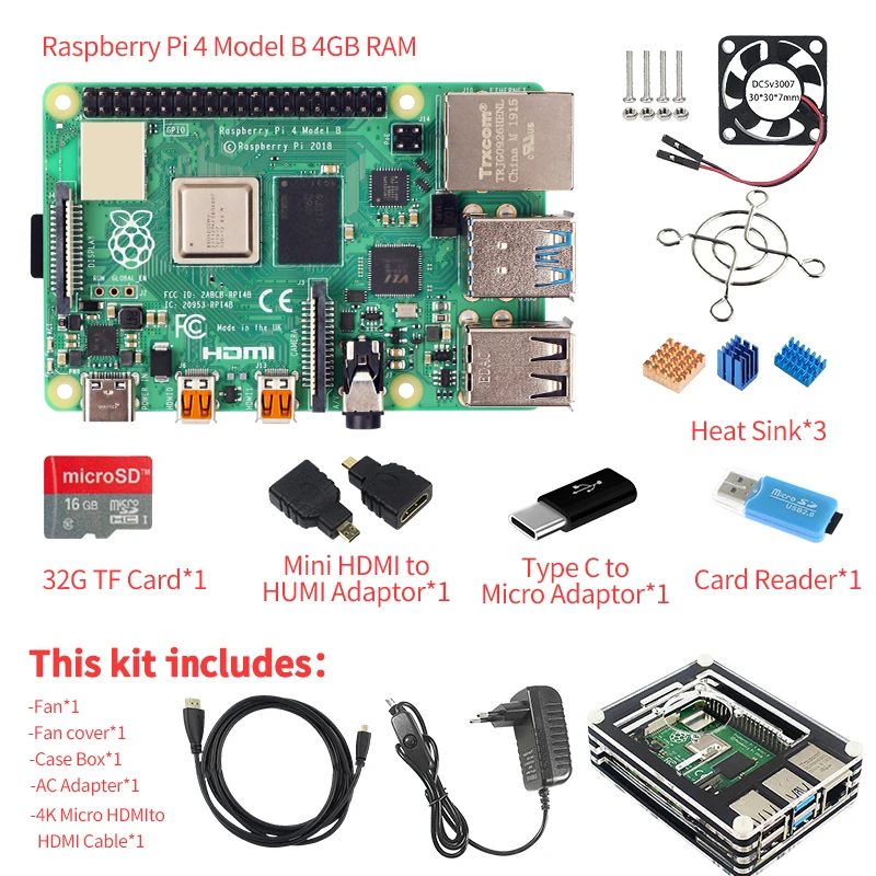 Оригинальный Bluetooth для Raspberry Pi Модель B PI 4B 2 ГБ/4 ГБ: плата + радиатор кардридер