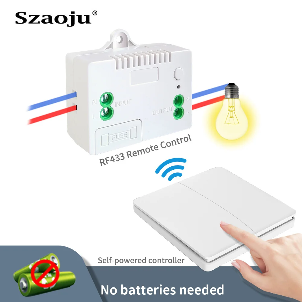 

Szaoju Wireless Switch RF433 Smart Home Light Switch Waterproof 10A Relay No Battery Self-powered Remote Controller Wall Switch