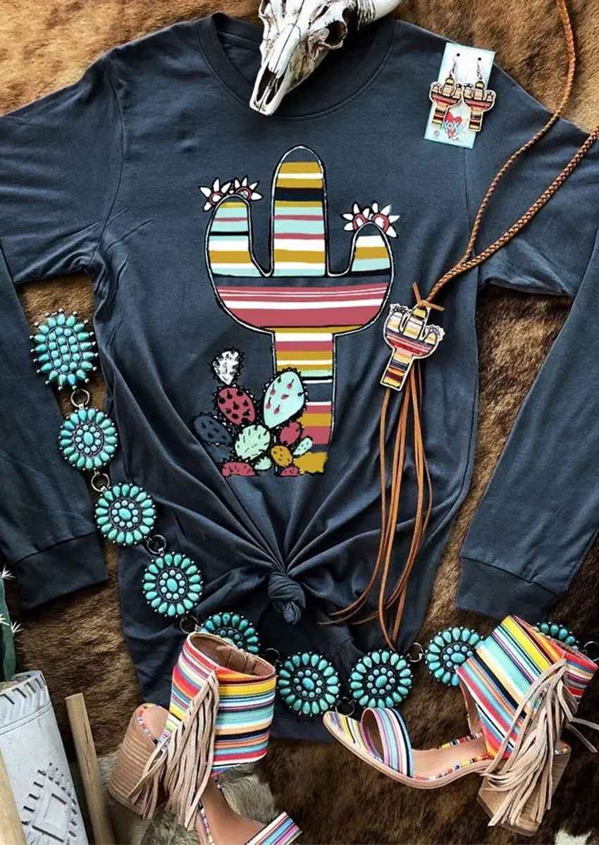 

Cactus Floral Print Top Women 2019 New O-neck T-shirt Fashion Long Sleeve Tee Shirt Femme Autumn Winter Tops Tee haut femme