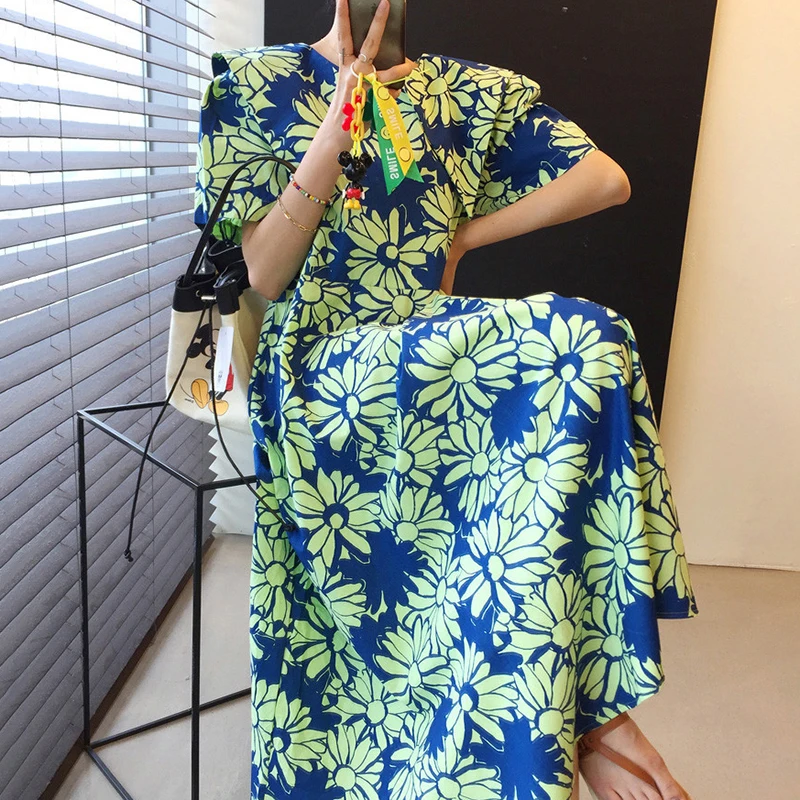 

Summer French Fashion Temperament Vestidos Female Hit Color Flower Big Lapel High Waist Puff Sleeve Midi Dress DK671