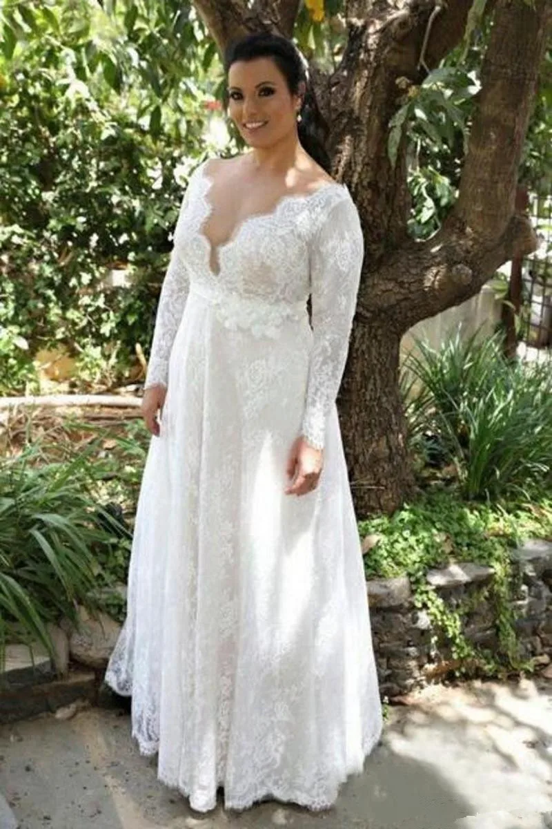 

2022 Country Long Sleeve Beach Wedding Dress Lace A Line Bridal Gowns V Neck Country Dresses Vestidos De Novia