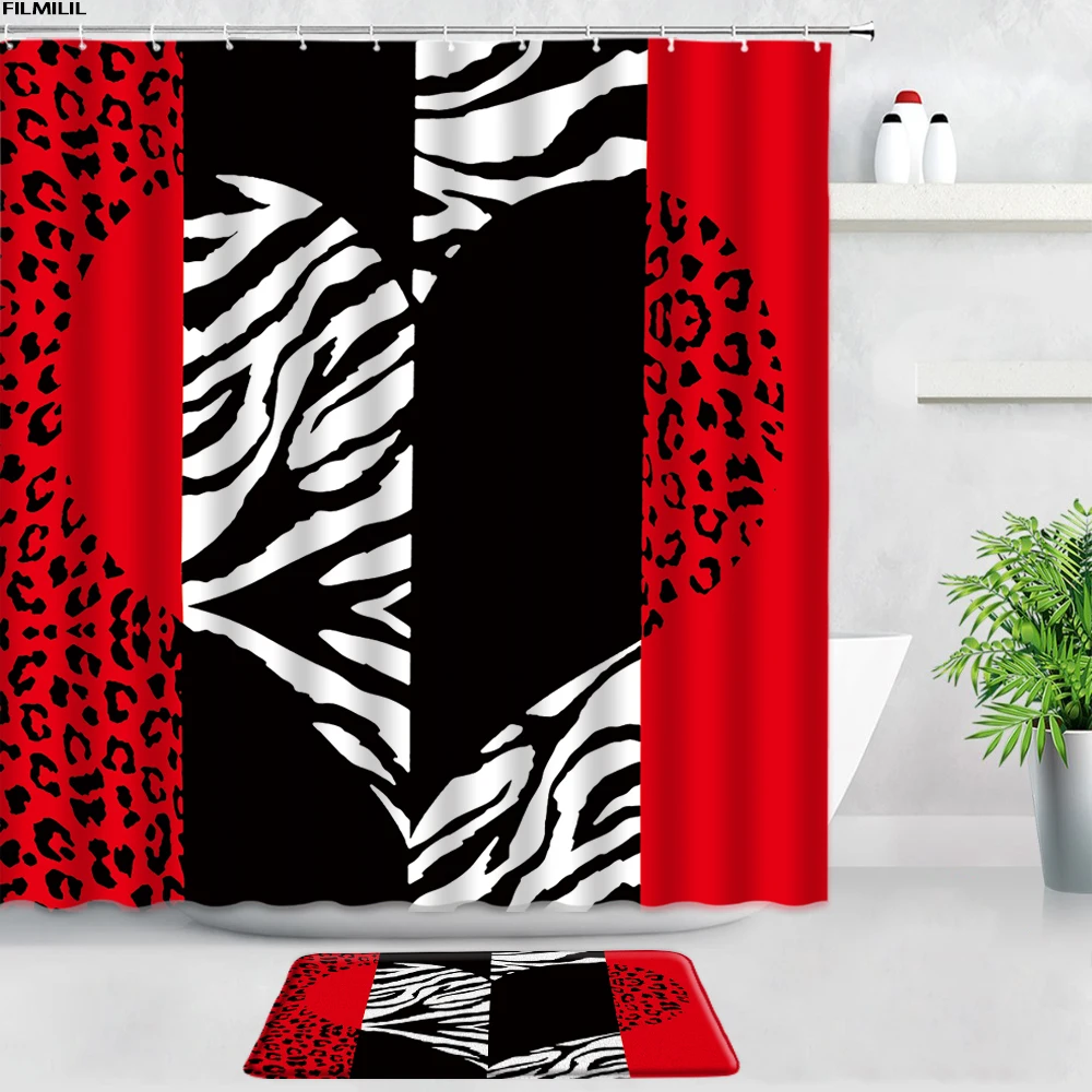 FILMILIL Red Black Leopard Print Shower Curtains Bath Mats Set Creative Fashion Home Decor Door Pad Bathroom Rug Non-slip Carpet