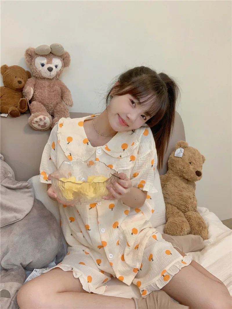 

Kawaii летний пижамный комплект с оранжевым принтом, женские хлопковые мягкие рубашки + шорты, комплект из двух предметов, домашний костюм, про...