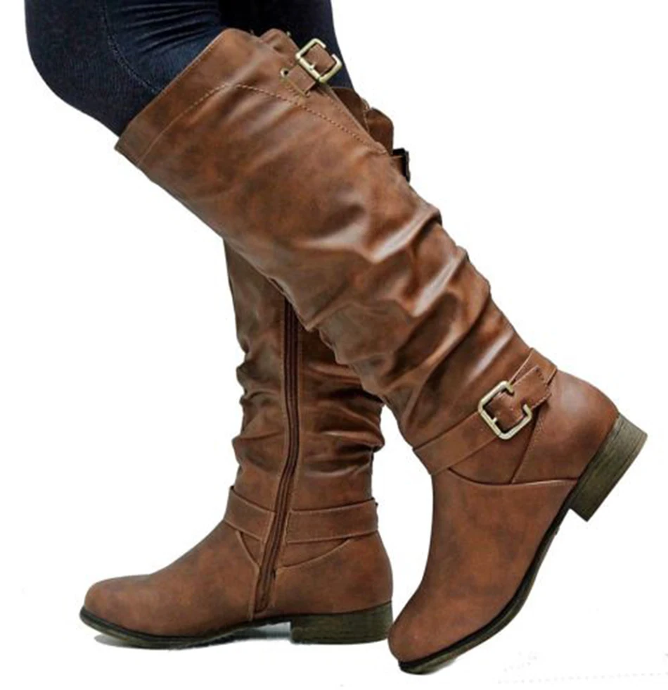 Женские Кожаные ботфорты на молнии готические до середины икры низком каблуке