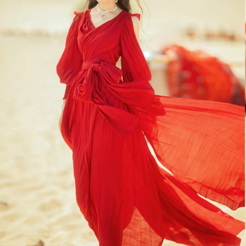 

Elegant Party Women Dress Slim V Neck Lantern Sleeve Mid Calf Dress 2021 Spring Summer Vintage Holiday Red Dresses Vestidos