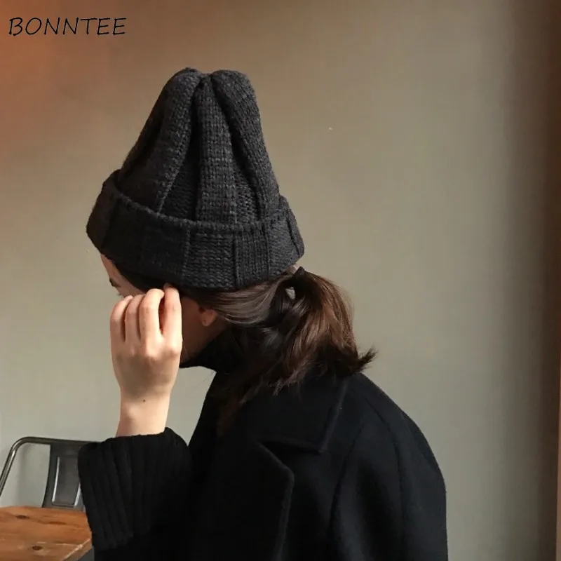 

Зимние облегающие шапки, модные повседневные универсальные шикарные синие Черные Модные вязаные женские теплые плотные простые в Корейско...