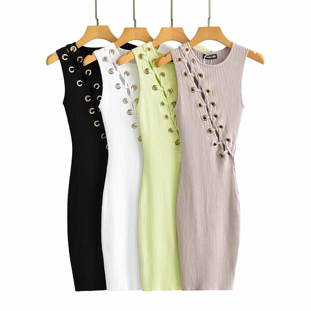 

2021 Woman dress sexy bodycon dresses knitted sweater dress summer sleeveless mini dress o neck cross bandage dresses black