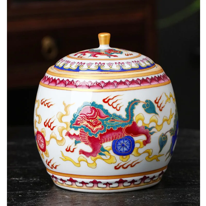 

Jingdezhen Antique Enamel Tea Pot Enamel Lion Pattern Ceramic Tea Caddy Jar Pot Storage Pot