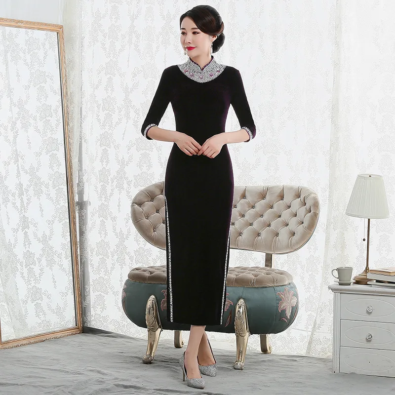 Новый стиль ретро бархат cheongsam с гвоздями бусинами для прогулок шоу платье