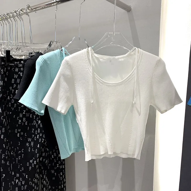

Summer knitting stripes stretch women's tops T-shirts 2021New women's short-sleeved fashion party tights pullovers bra XL