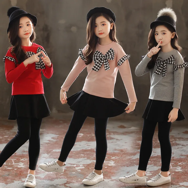 2022 spring Girls Clothes Bow long sleeve t Shirt + Legging skirt 2 Pcs Suit Winter Kids Teenager 4 5 6 7 8 9 10 11 12 Years