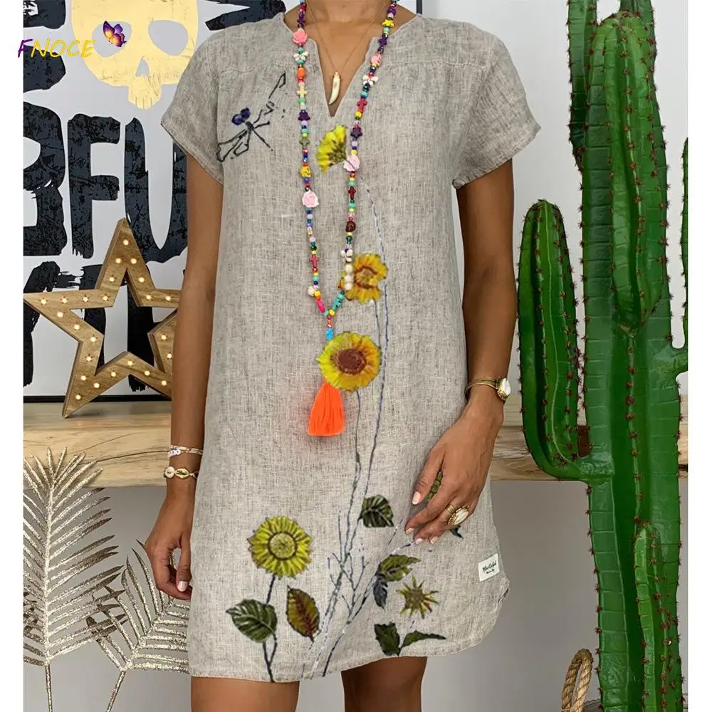 

HAOOHU 2021 Summer Women's Clothing Casual Fashion Urban V-Neck Linen Flowers Printed Mini Dresses Short Sleeved Pullover Loose