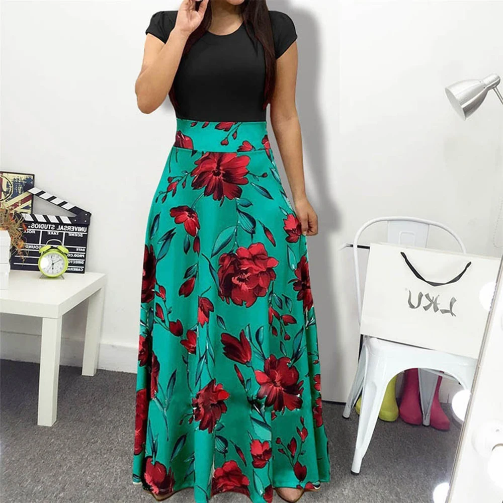 Женское длинное платье с цветочным принтом летнее коротким рукавом и круглым