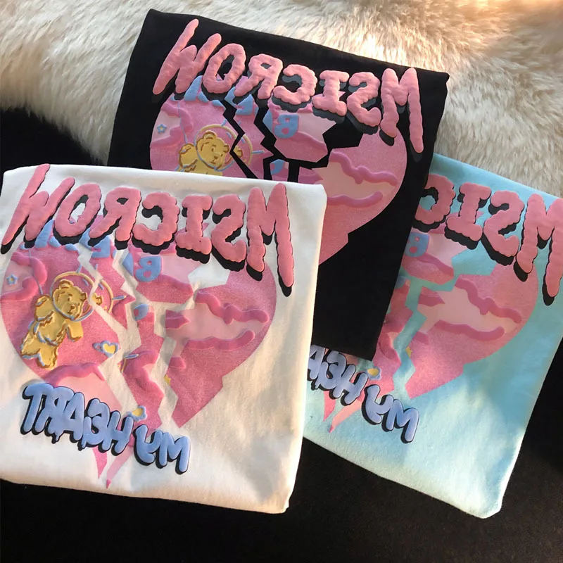 

Fashionable joker new cartoon bear printing round collar short sleeve T shirt loose student outfit super fire half sleeve