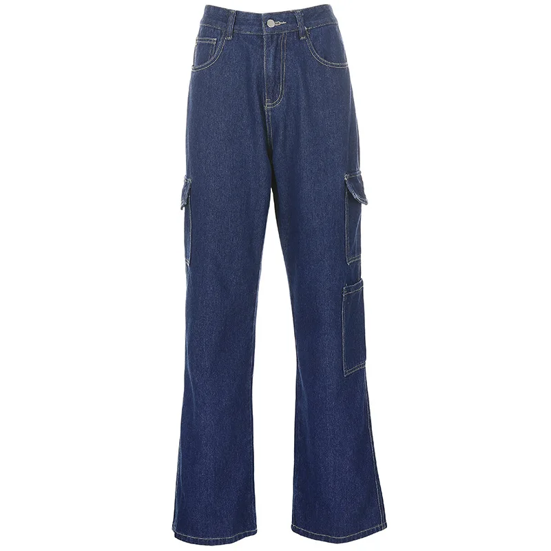 

European And American Women's Street Fashion Pocket High Waist Loose Slim Denim Trousers Casual