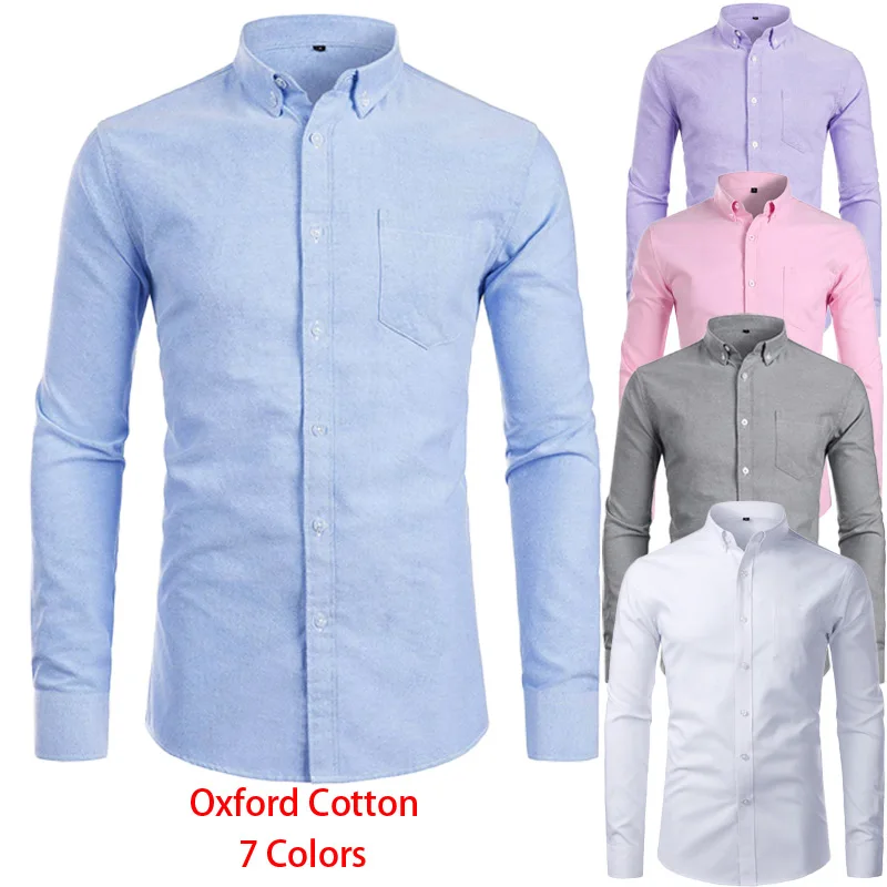 Gray Oxford Cotton Shirt Men Brand New Long Sleeve Mens Dress Shirts Casual Slim Fit Chest Pocket Button Down Camisa Masculina