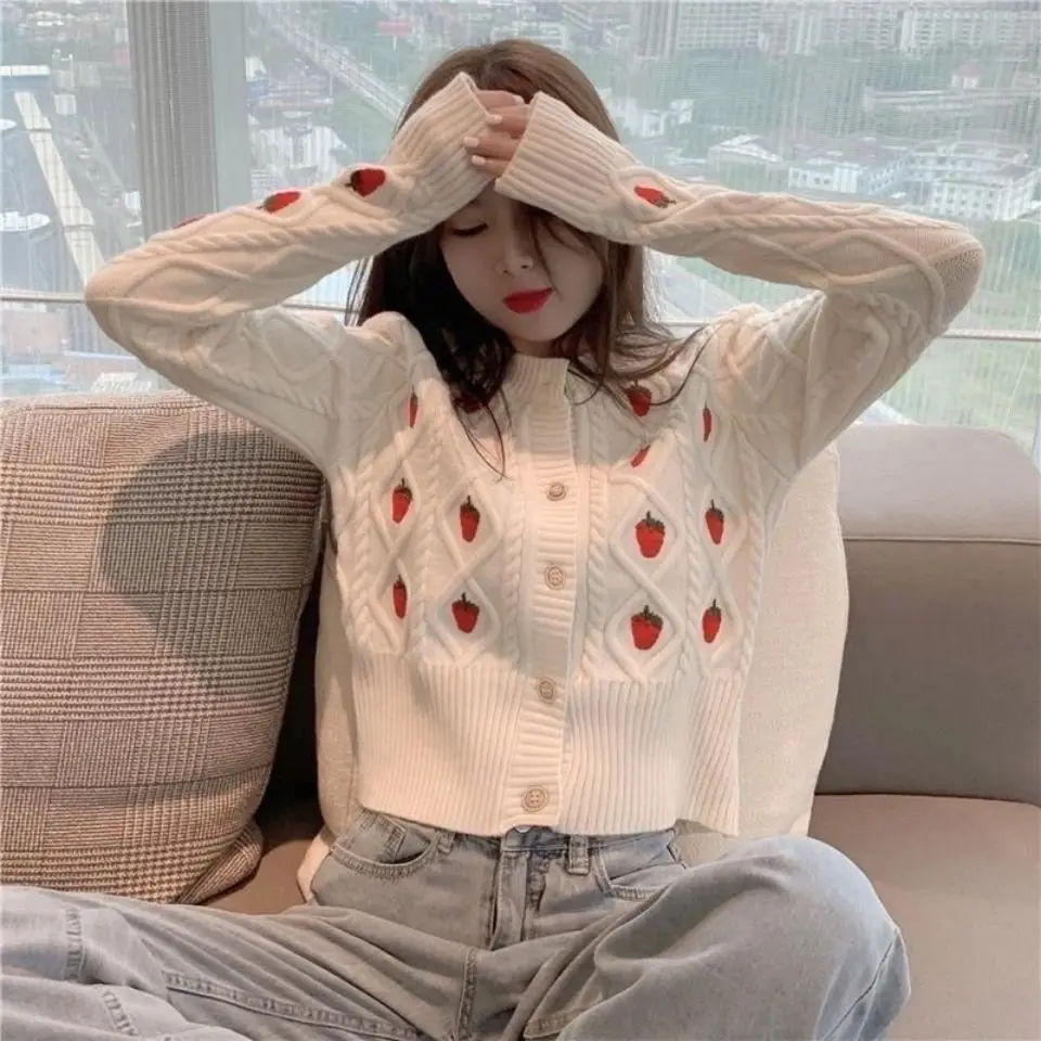 

Strawberry embroidery student knit cardigan 2021 spring/autumn new fashion outer wear all-match long-sleeved female jacket top