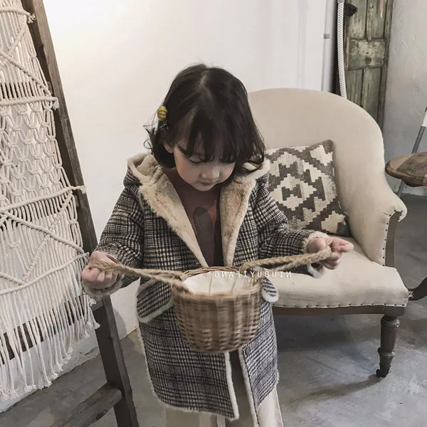 Зимнее пальто для девочек клетчатый Анорак вельветовое утепленное маленьких