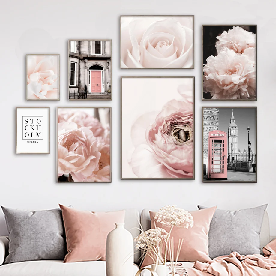 

Paris Big Ben Call Box Rose Peony Flower Pink Art Canvas Painting Nordic Posters And Prints Wall Pictures For Living Room Decor