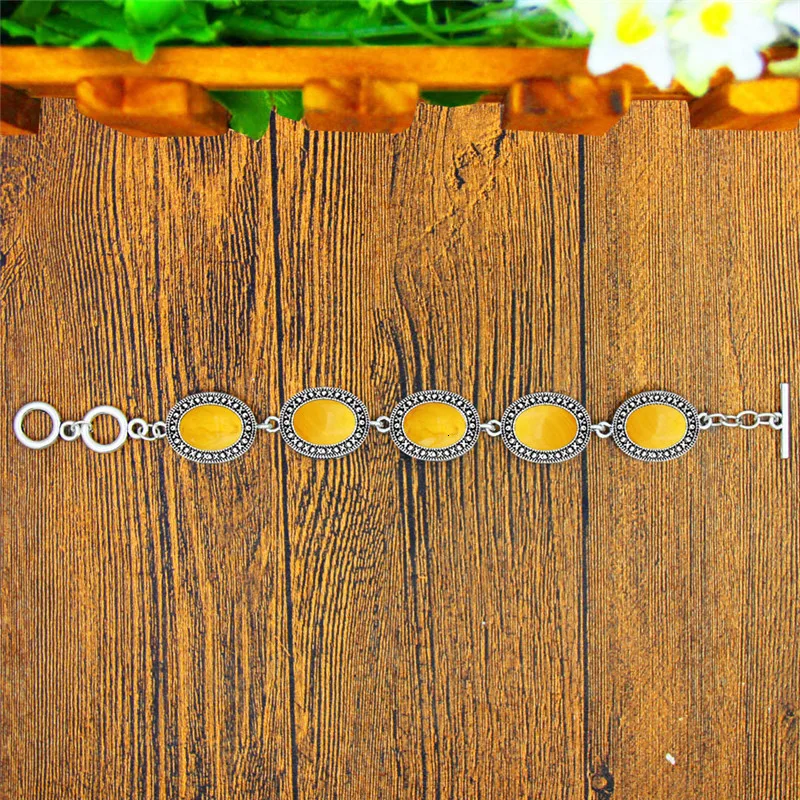 Oval Resin Bead Jewelry Set Antique Silver Plated Necklace Earrings Bracelet Fashion Jewelry TS414