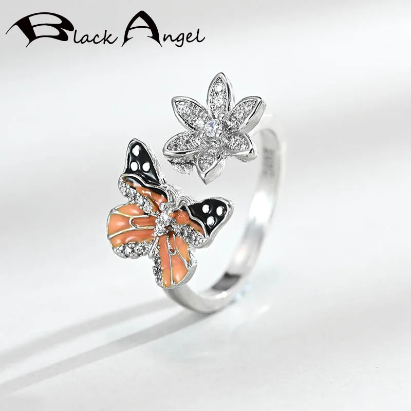

BLACK ANGEL Cute Yellow Enamel Butterfly Ring For Women 925 Silver White Zircon Insect Finger Rings Fashion Jewelry Dropshipping