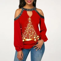 trendy christmas blouse long sleeve hollow out xmas wine cup print women blouse xmas blouse casual blouse