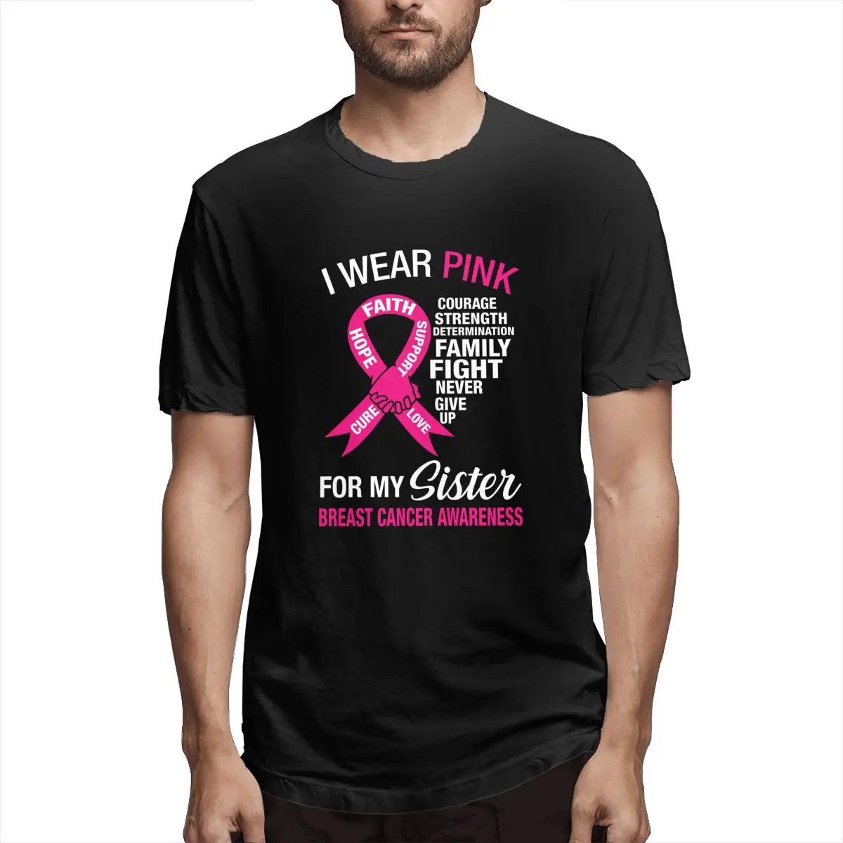 

I Wear Pink For My Sister Breast Cancer Awarenes Graphic Tee Men's Short Sleeve T-shirt Funny Tops