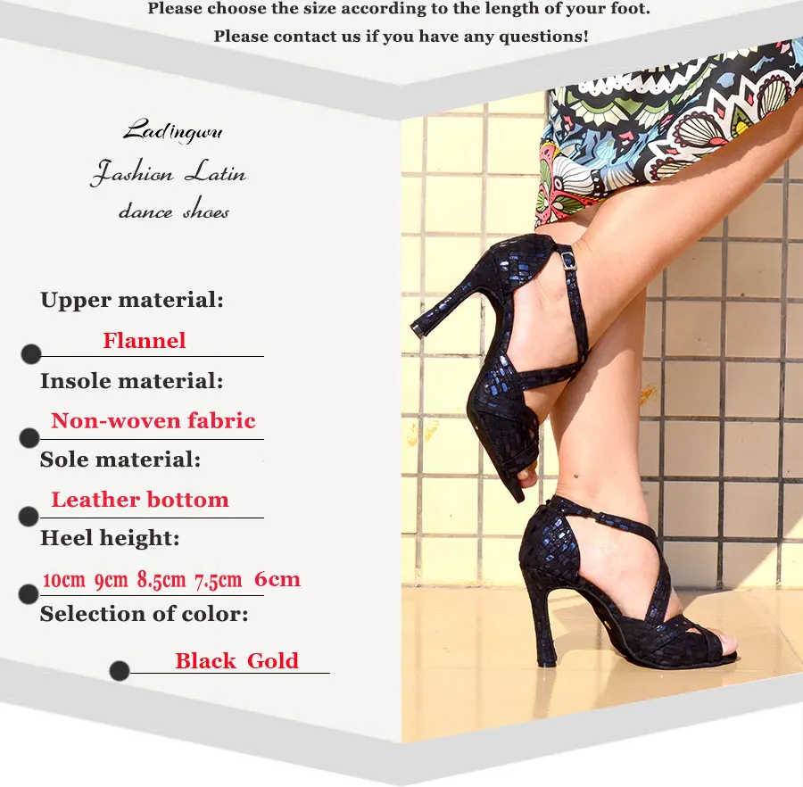 Ladingwu New Dance Shoes Women Profession Ballroom Dance Shoes Salsa Women Black Gold Suede Comfortable Soft Bottom Dance Sandal