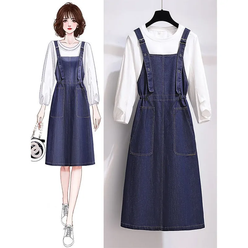 

Осенне-весеннее платье на бретелях для женщин, джинсовые синие костюмы, белые топы, стандартный комплект из двух предметов, для вечерние, дл...