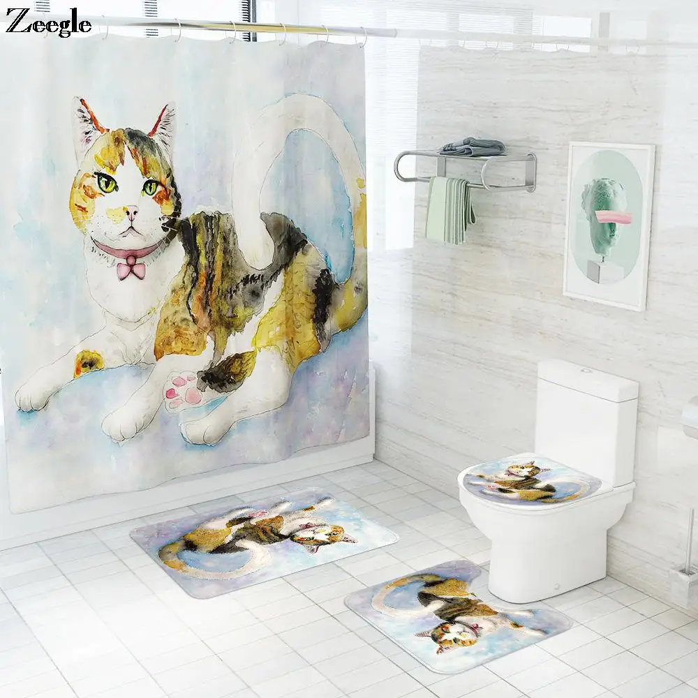 

Zeegle набор ковров для ванной комнаты, занавесок для душа, коврик с принтом кота, коврики для ванной, набор ковриков для ванной, украшение для в...