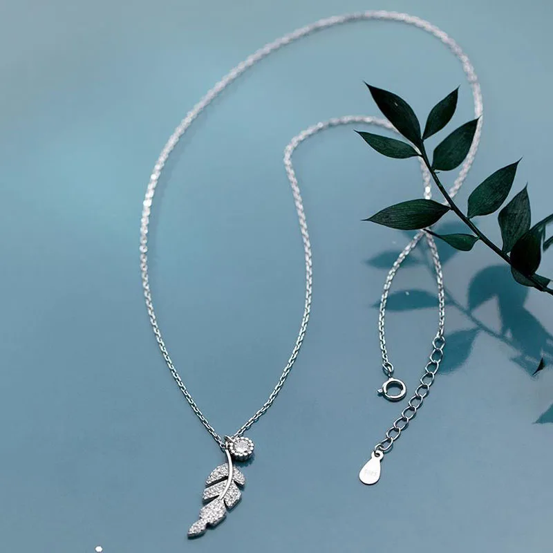

POPACC 925 стерлингового серебра Нежный кулон в форме листика дерева ожерелье кубический циркон ключица цепочка Ожерелье для женщин и девочек