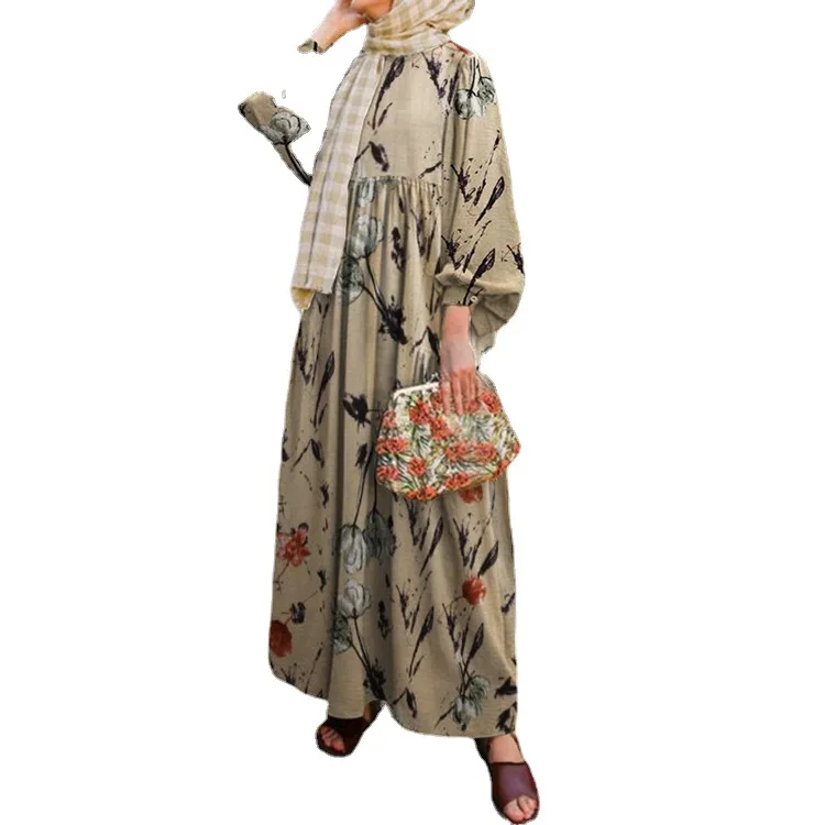 

Cotton hemp printing casual fashion long sleeve loose swing long dress