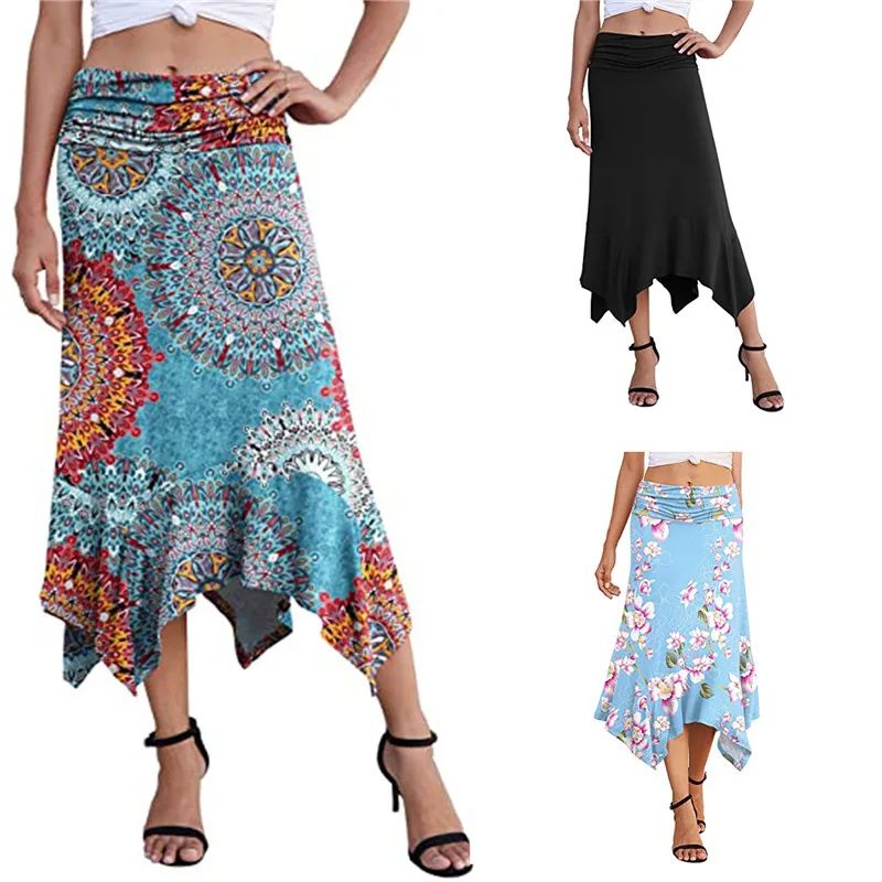 

Женская летняя юбка, однотонное/цветочное/Круглое/средней талии, полуплатье, облегающая юбка с асимметричным подолом для девушек