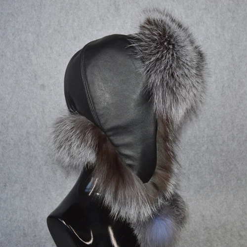 sliver fox fur 2 Брендовая женская шапка из натурального меха лисы, зимняя шапка-ушанка, шапка-бомбер, шапка для русской снежной погоды, Толстая теплая меховая шапка из натуральной кожи - Цвет: sliver fox fur 2