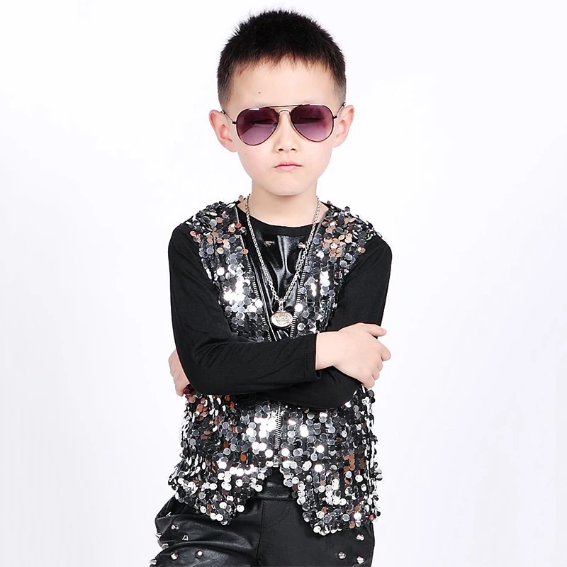 Детский костюм в стиле хип-хоп серебристая танцевальная куртка с блестками жилет