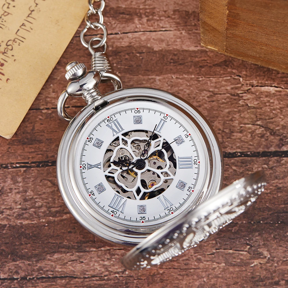 2022 Gold Phoenix Mechanical Pocket Watch Men Women Rose Hollow Steampunk Chain Double Clock Roman Dial Silver Necklace Pendant