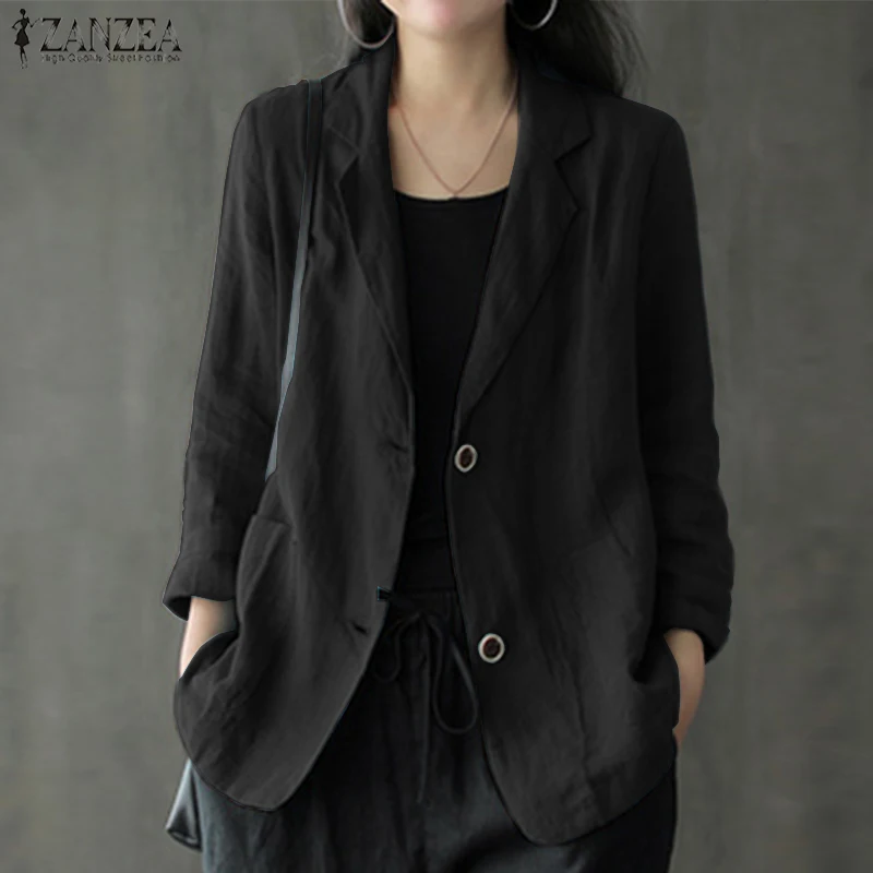

2021 ZANZEA Autumn Solid Thin Blazer Women Long Sleeve Coats Casual Lapel Cotton Linen OL Suit Blazers Female Jackets Outwear