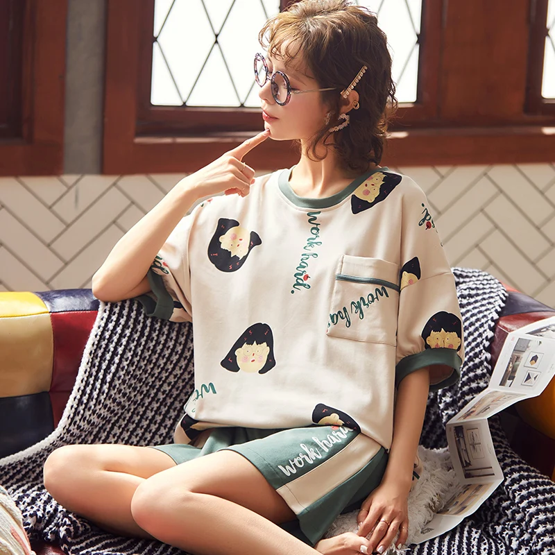 

Size M-3XL Summer Fashion Pink Pajama Set for Women Homewear Cotton Soft Sexy Nightwear Kawaii Cute Lounge Sleepwear