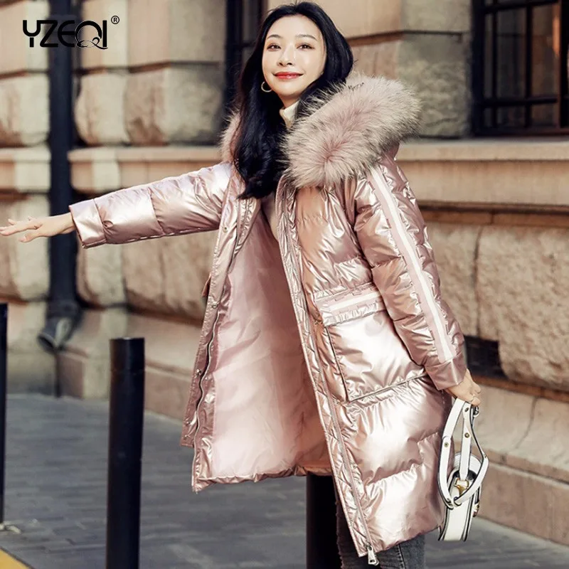 

Зимнее пальто Yzeqi, женская модная Свободная куртка яркого цвета с меховым воротником, длинная пуховая парка с капюшоном, водонепроницаемая Теплая стеганая куртка, хлопковое пальто