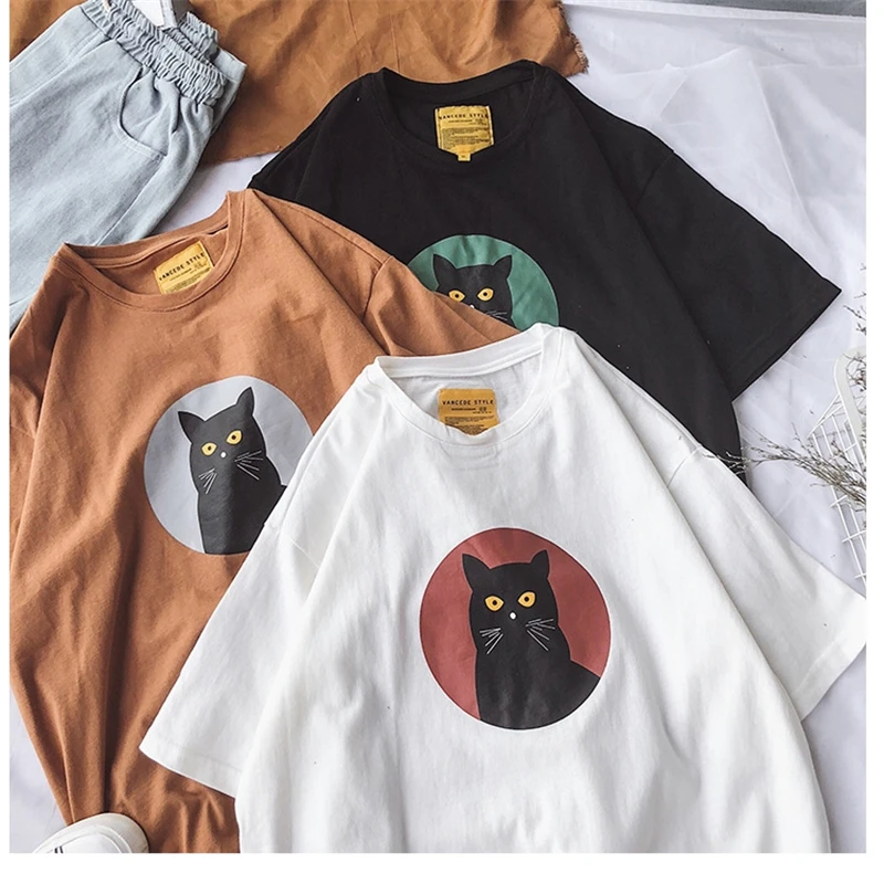 Большие размеры 3Xl футболка для женщин модная с принтом кота Женская Свободная