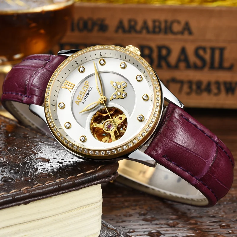 AESOP часы женские роскошные механические кожаный ремешок со стразами скелетом