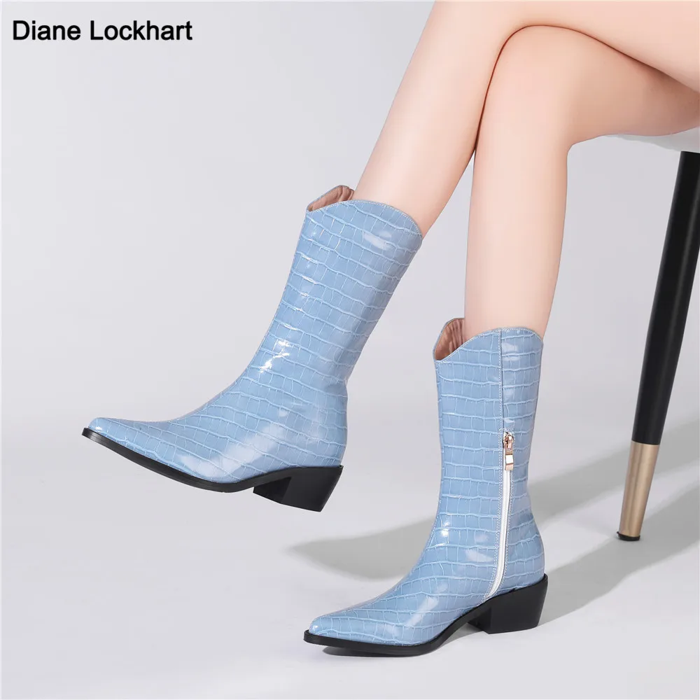 

Autumn Winter Pointed toe Western Cowboy Boots Women Microfiber Leather High Heels Cowgirl Booties Ankle botas Blue White Black