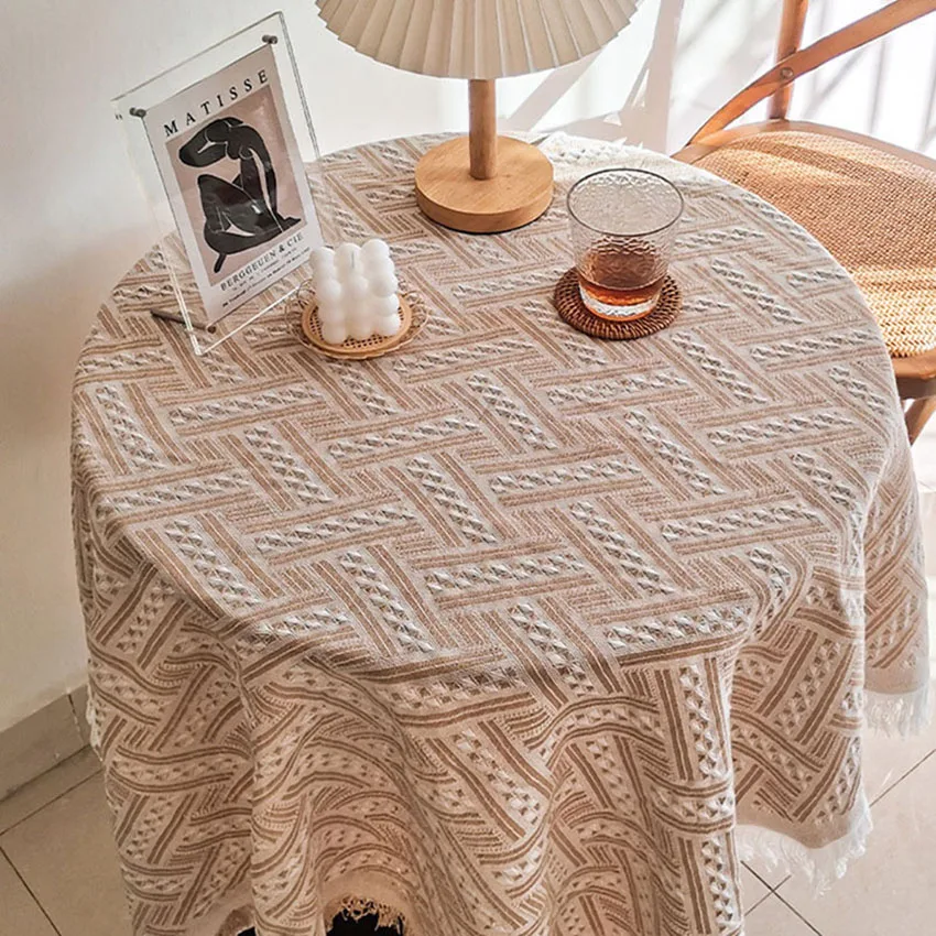 

Dinging Table Cover Linen Cotton Tassel Waffle Dust-proof Desktop Cover Home Decor Table Colth Knitting Hotel Firm Durable