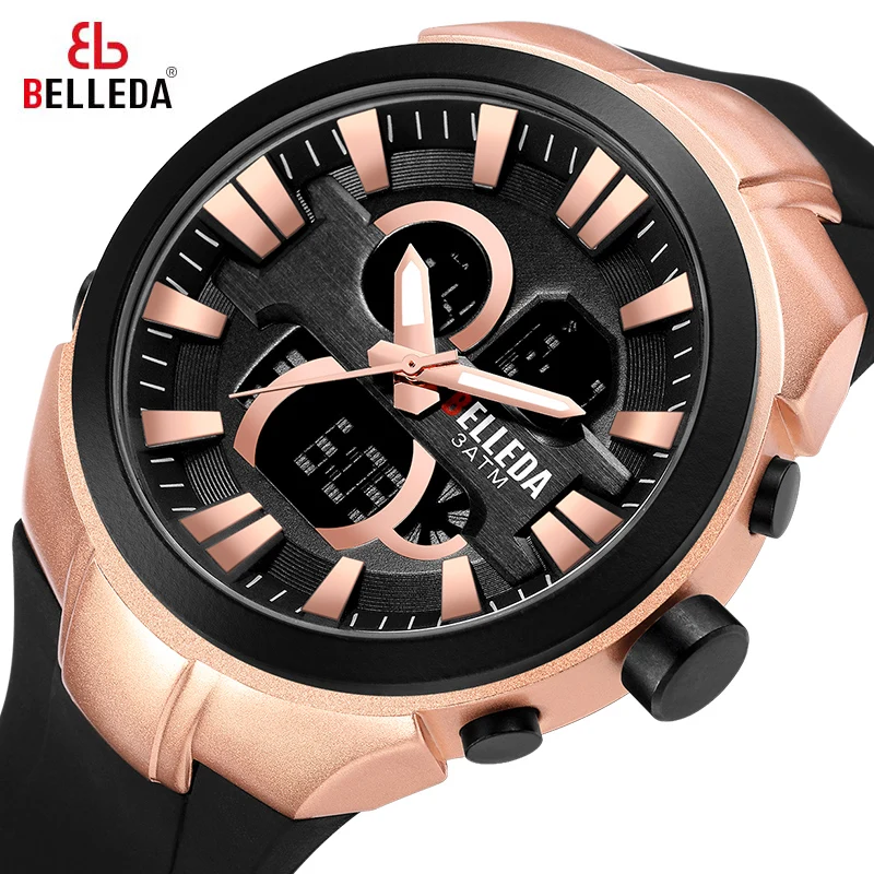 Роскошный бренд BELLEDA мужские спортивные аналоговые черные резиновые наручные