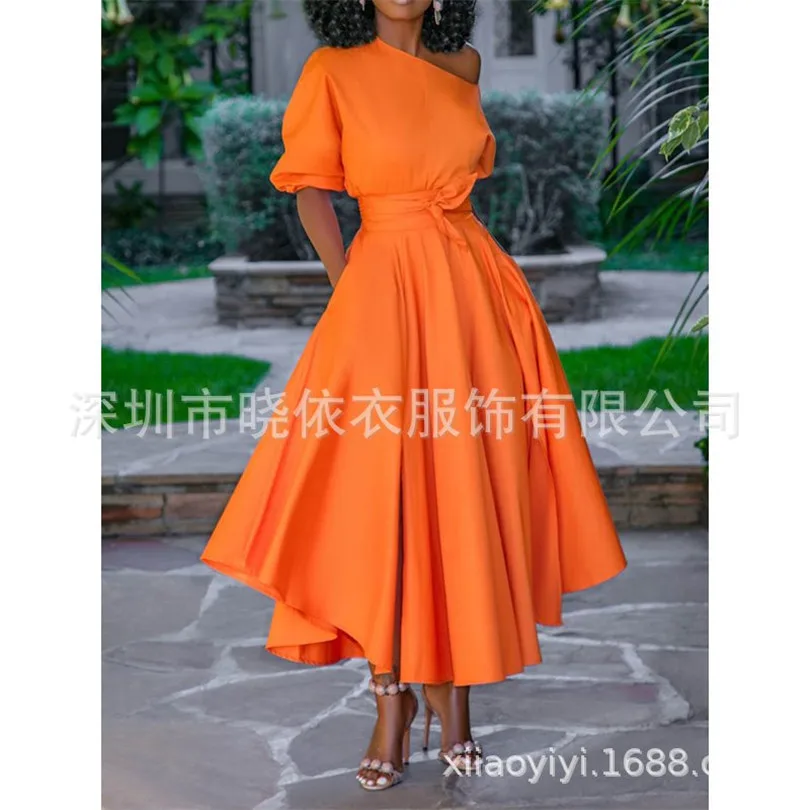 Платье миди женское оранжевое с открытым плечом на одно плечо|Женские платья| |