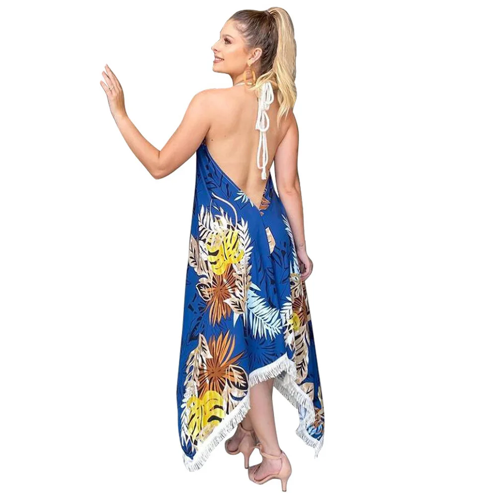 

Leaves Floral Printed Summer Beach Wear Maxi Dress Women Halter Neck Open Back Holiday Dresses Sexy Off Shoulder Vacation Dress