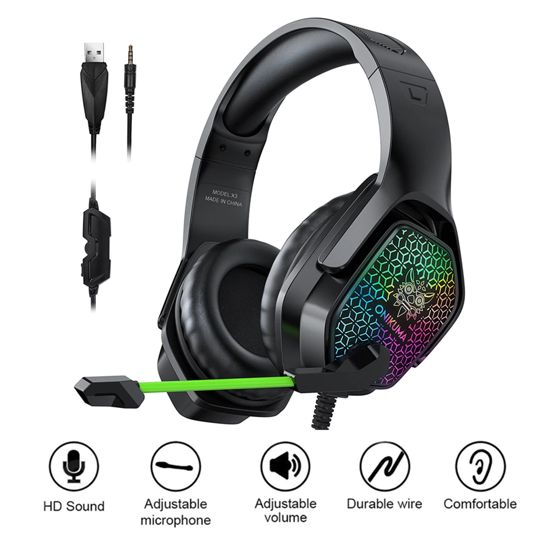 

Проводная игровая гарнитура с подсветильник кой RGB, стереонаушники HiFi с объемным звуком, с микрофоном, от 2 до 1 линии, подходят для ПК