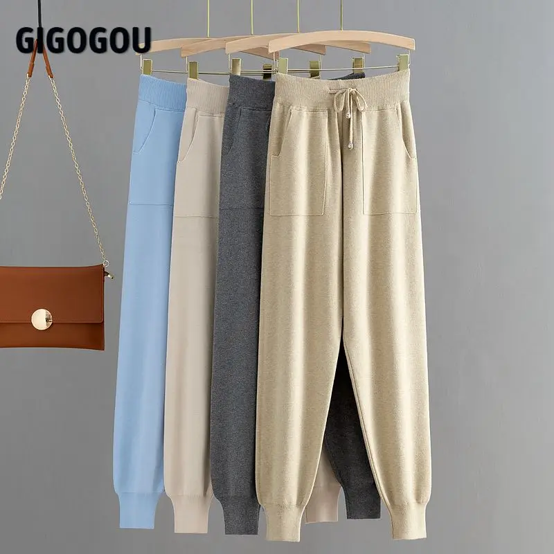Женские трикотажные шаровары GIGOGOU однотонные укороченные с высокой талией